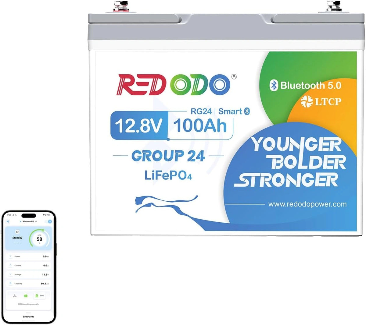 Produkt użytkowy Redodo 12 – akumulator 100 Ah, energia 1280 Wh, napięcie 12 V, do codziennego zastosowania