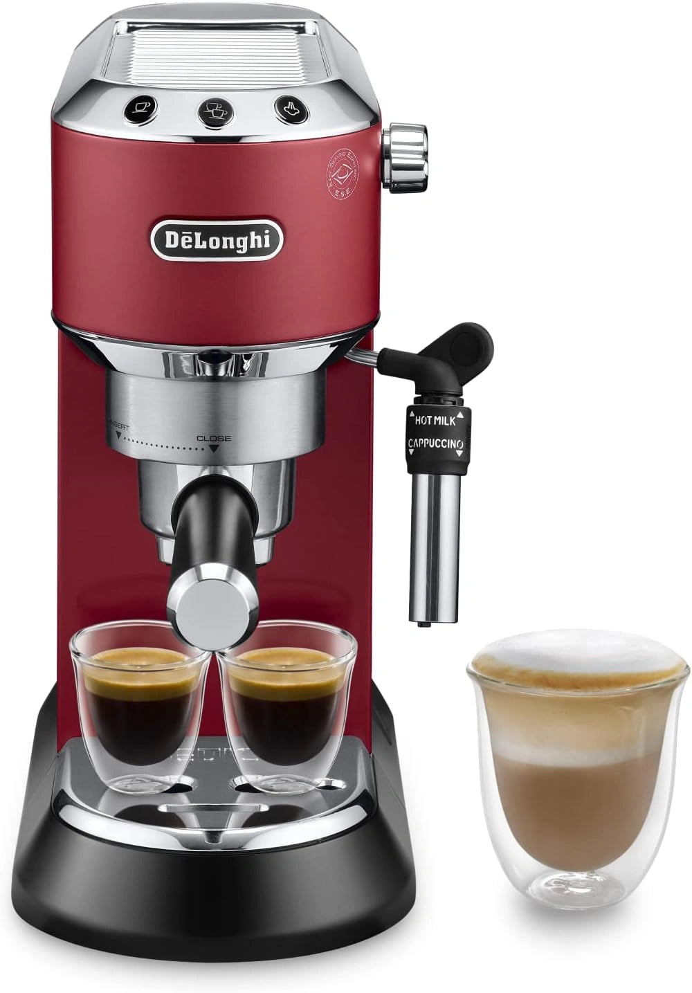 Ekspres do kawy De Longhi – kolor czerwony, moc 1350 W, pojemność 1 l, do domu lub biura