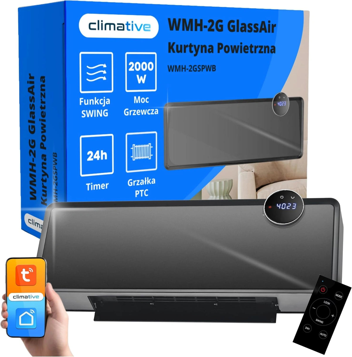 Wentylator szklany – programator czasowy, sterowanie pilotem, łączność Wi-Fi, kolor czarny, moc 2000 W, do domu lub biura