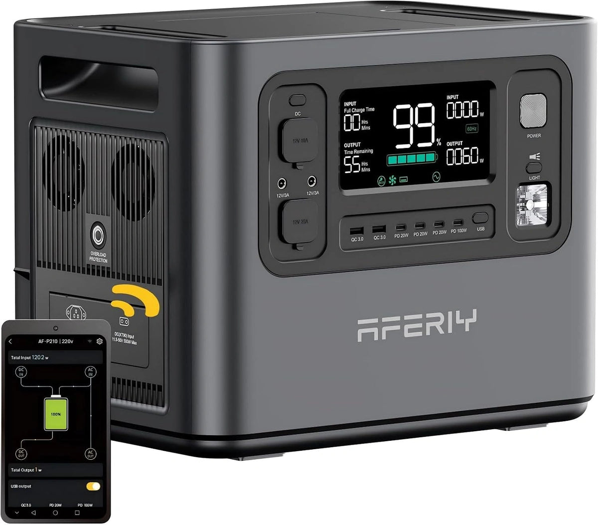 Akumulator AFERIY – moc 2400 W, energia 2048 Wh, napięcie 230 V, do zgodnych urządzeń lub pojazdów
